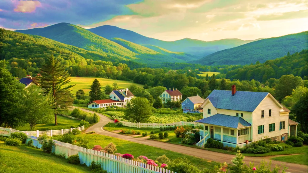 A picturesque Vermont scene featuring a charming house alongside a winding road with the Green Mountains in the background.