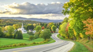 A picturesque fall road lined with colorful trees, leading to a quaint church in the distance, perfect for a New England road trip.