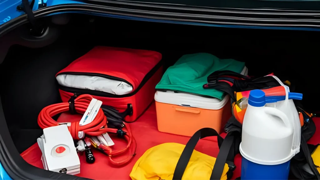 A car trunk filled with road trip essentials, showcasing a variety of items for a fun journey ahead.