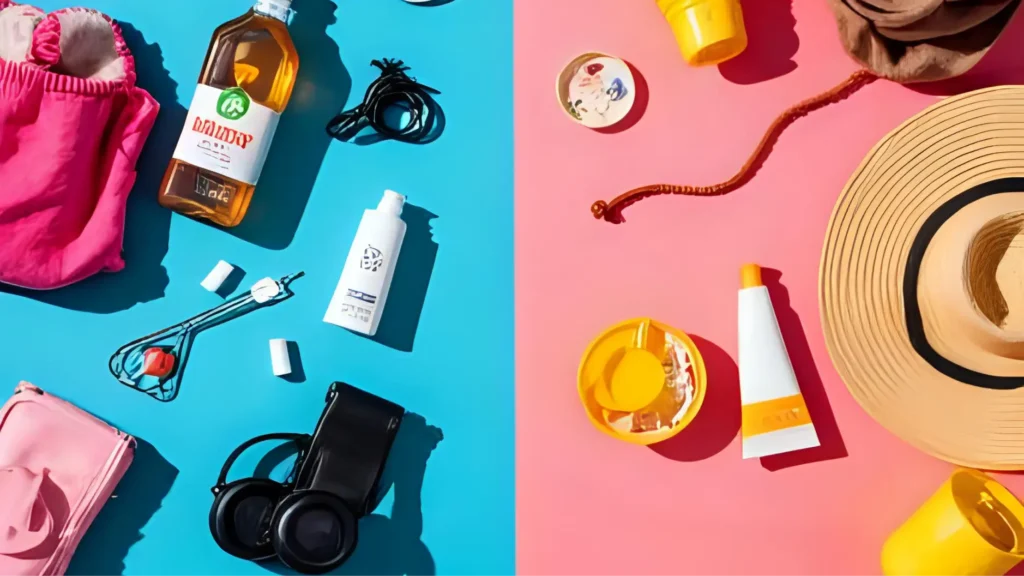 A vibrant arrangement of a hat, sunglasses, and sunscreen on a pink and blue background, titled "Road Trip Essentials Checklist."
