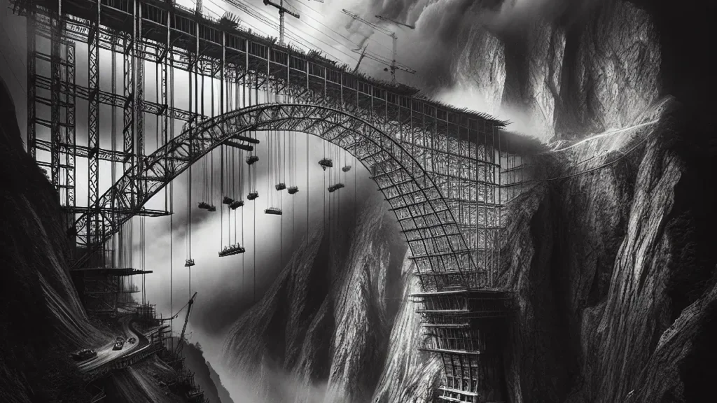 The Engineering Marvel dramatic bridge construction black and white canyon view