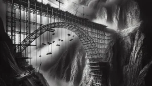 The Engineering Marvel dramatic bridge construction black and white canyon view