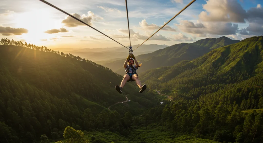 First-time zipliner enjoying an aerial view over Vagamon hills at sunset