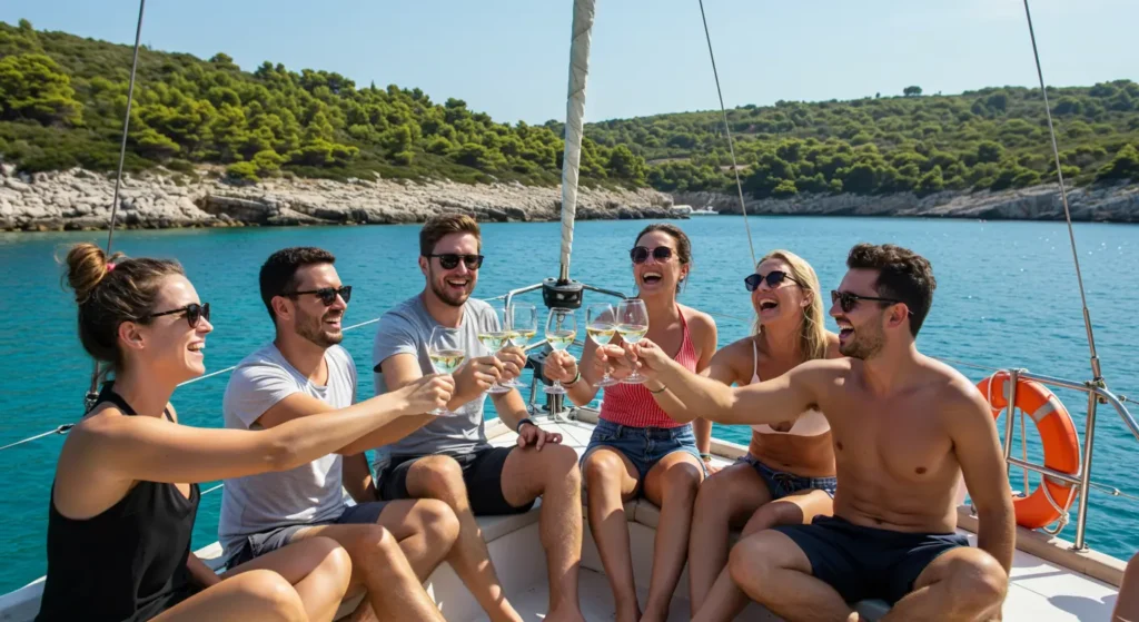 A diverse group of happy people on a sailing trip for solo travellers, toasting with wine on the deck of a yacht in Croatia.