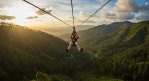 First-time zipliner enjoying an aerial view over Vagamon hills at sunset
