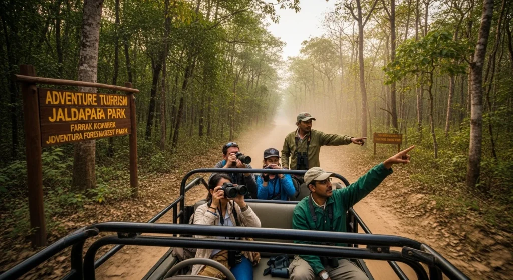 "Jeep safari adventure in Jaldapara National Park with tourists and guide for eco tourism in dooars"