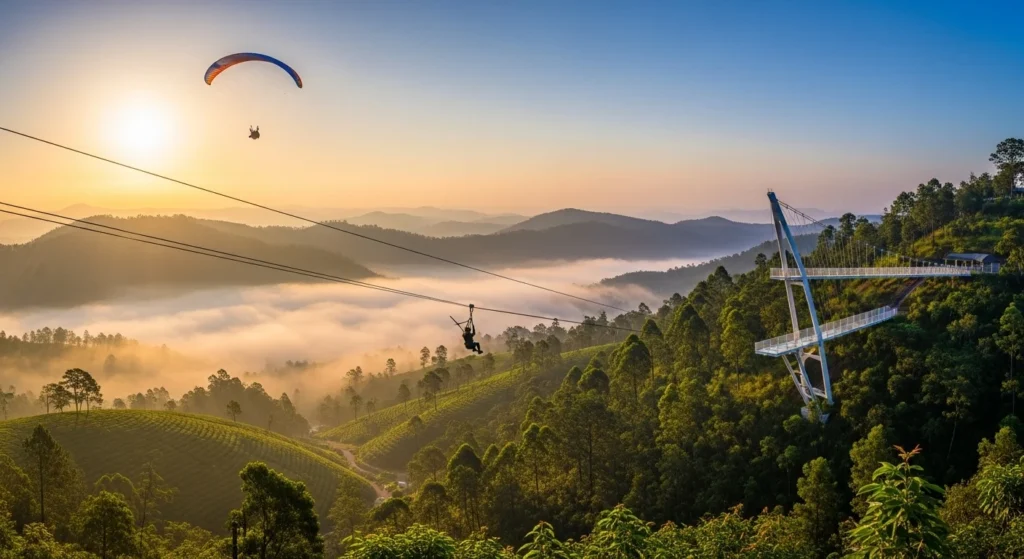 "An epic hero image of Vagamon Adventure Park, showcasing the glass bridge, a paraglider, and a zipliner against the stunning backdrop of Vagamon's misty green hills at sunrise."