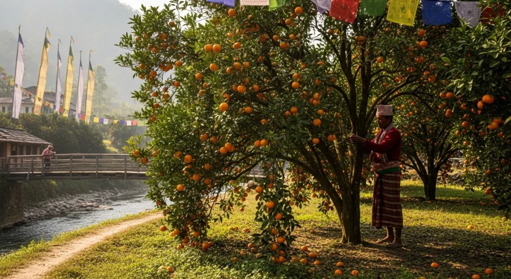 "Orange orchards in Suntalekhola valley with traditional bridge over Murti RiverEcotourism in Dooars region "