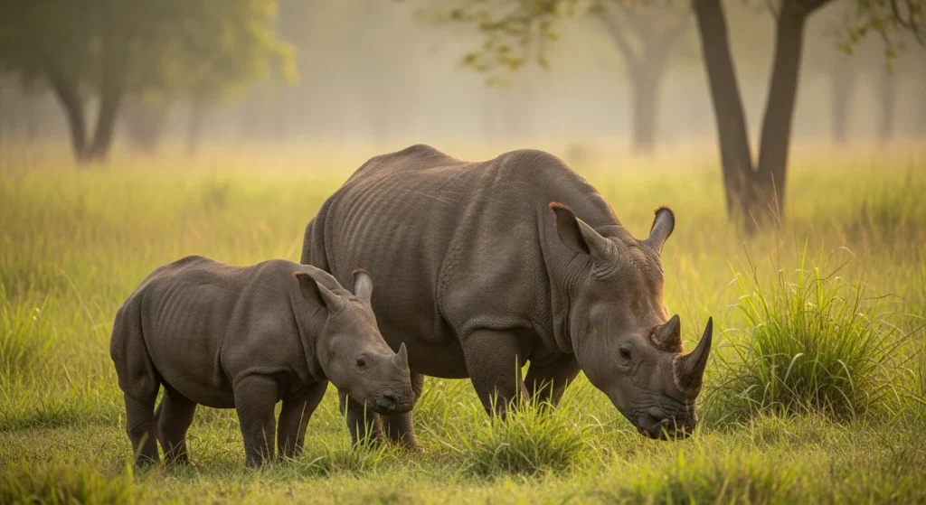 "One-horned rhinoceros mother and calf in Gorumara National Park grasslands in ecotourism dooars"