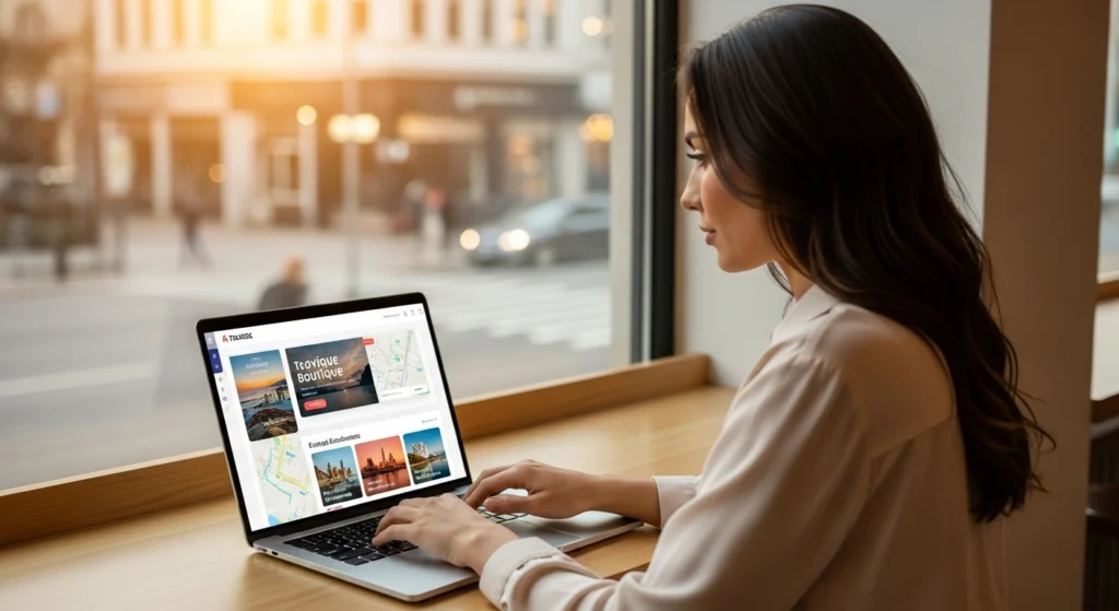 "Woman using travel boutique online platform on laptop in modern coffee shop"