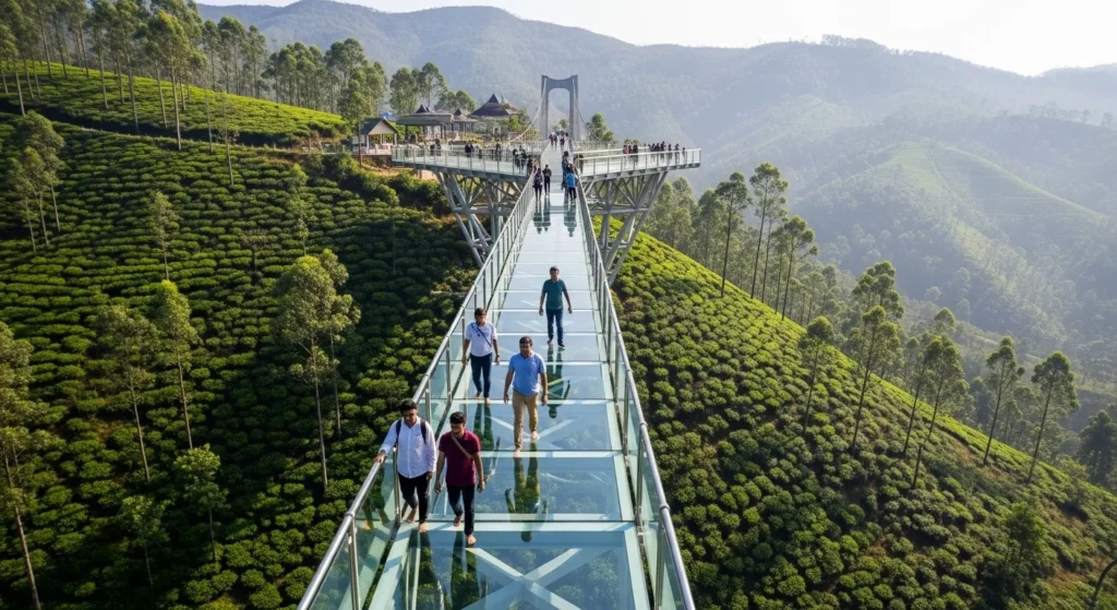 A breathtaking aerial view of tourists walking on the long cantilever glass bridge at Vagamon Adventure Park, with misty green hills below.