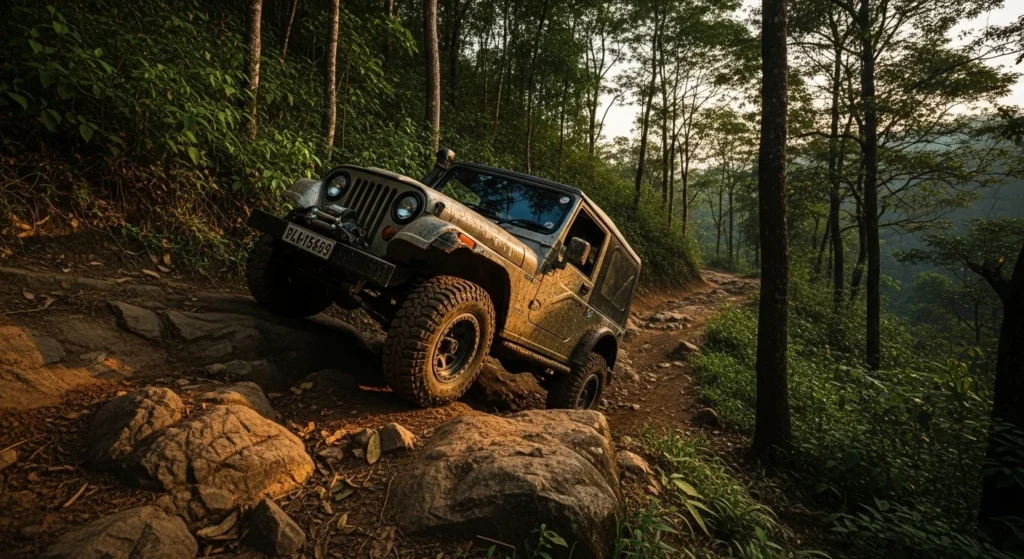 A 4x4 jeep on an adventurous off-road safari through the rugged, scenic trails of Vagamon.
