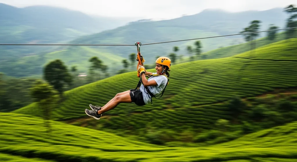 An exhilarating action photo of a person ziplining over the verdant tea gardens at Vagamon Adventure Park.