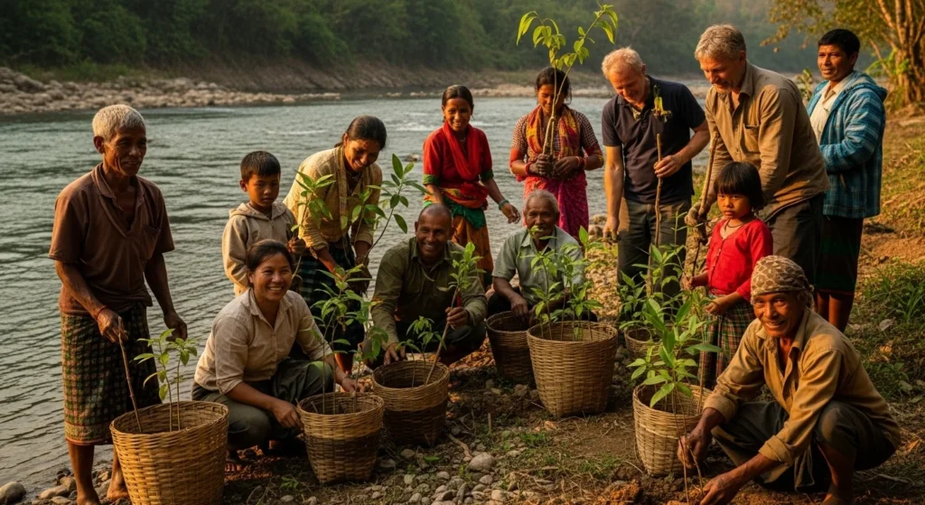"Community conservation project with locals and tourists planting trees together Responsible travel in Dooars"