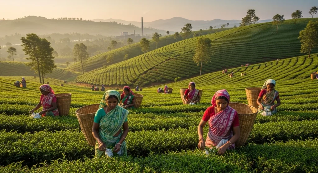Aerial view of "Dooars eco-tourism region" showing tea plantations and forests at sunrise.