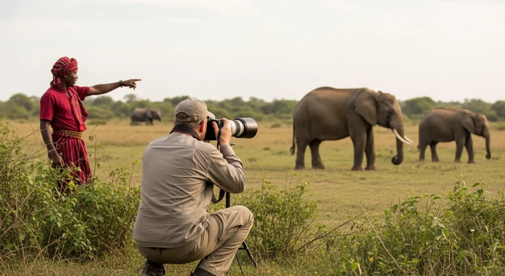 "Ethical wildlife photography demonstrating green travel in Dooars with proper distance from elephants"