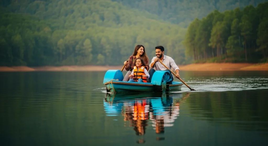 A happy family enjoying a peaceful paddle boat ride on Vagamon Lake with green hills in the background.