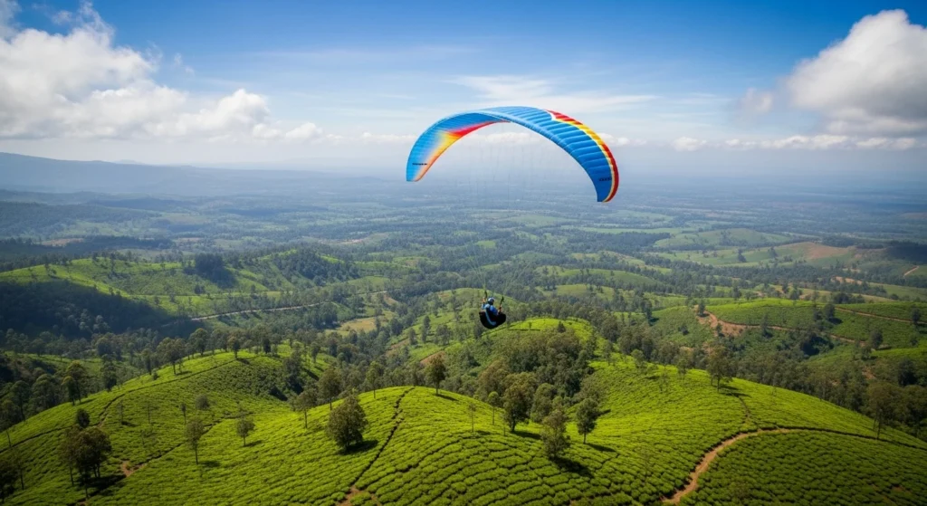 A colorful paraglider flying high in the sky over the panoramic green landscape of Vagamon.