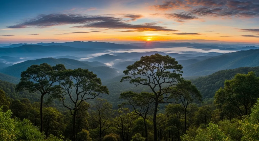 "Sunrise panoramic view from Lataguri viewpoint showing endless forest canopy on ecotourism in Dooars"