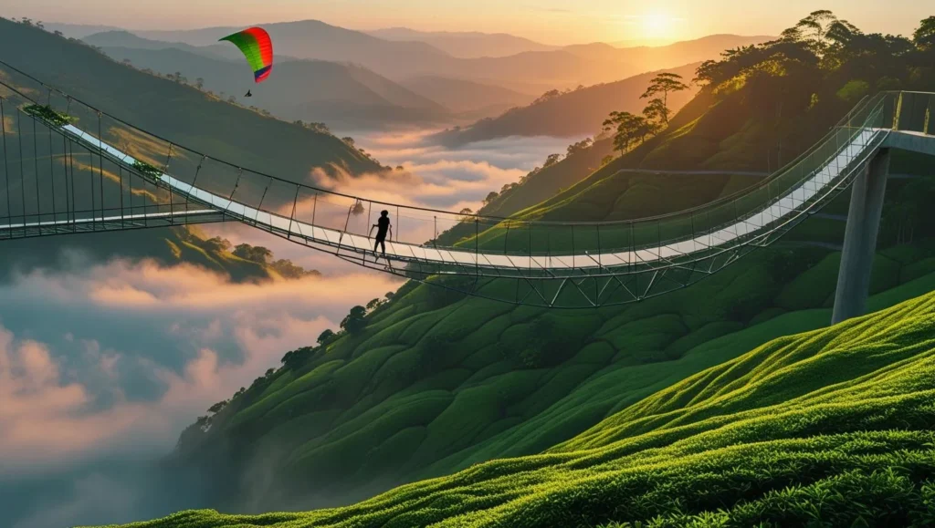 "Silhouette of a person walking on a glass suspension bridge at Vagamon Adventure Park during sunrise, with misty hills and a paraglider in the background."
