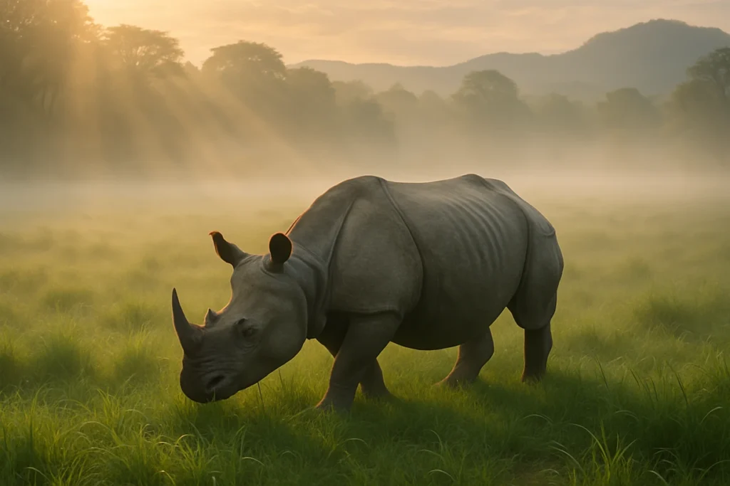 Gorumara national Park an one-horned rhinoceros grazes in a misty, sunlit grassland at dawn.