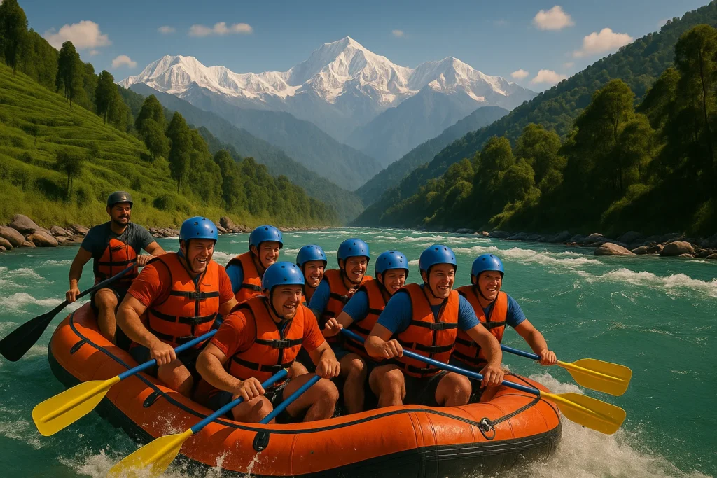: "Group of adventure enthusiasts enjoying Teesta rafting experience in Sikkim with Himalayan mountain backdrop"