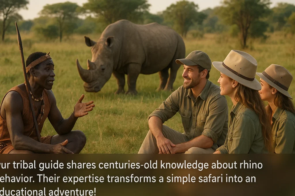 Tribal guide explaining rhino behaviour to tourists during a safari a rhino grazing in the background.