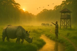 A one-horned rhinoceros grazing in the misty grasslands at sunrise, with a tribal guide and wild elephants in the background.