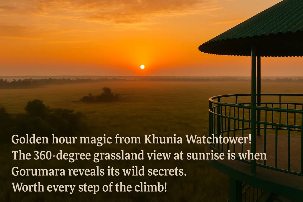 Sunrise view from Khunia Watchtower overlooking grasslands in Gorumara National Park during golden hour.