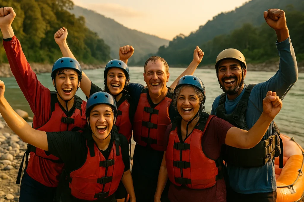"Professional safety briefing for Teesta rafting with tourists wearing life jackets and helmets"