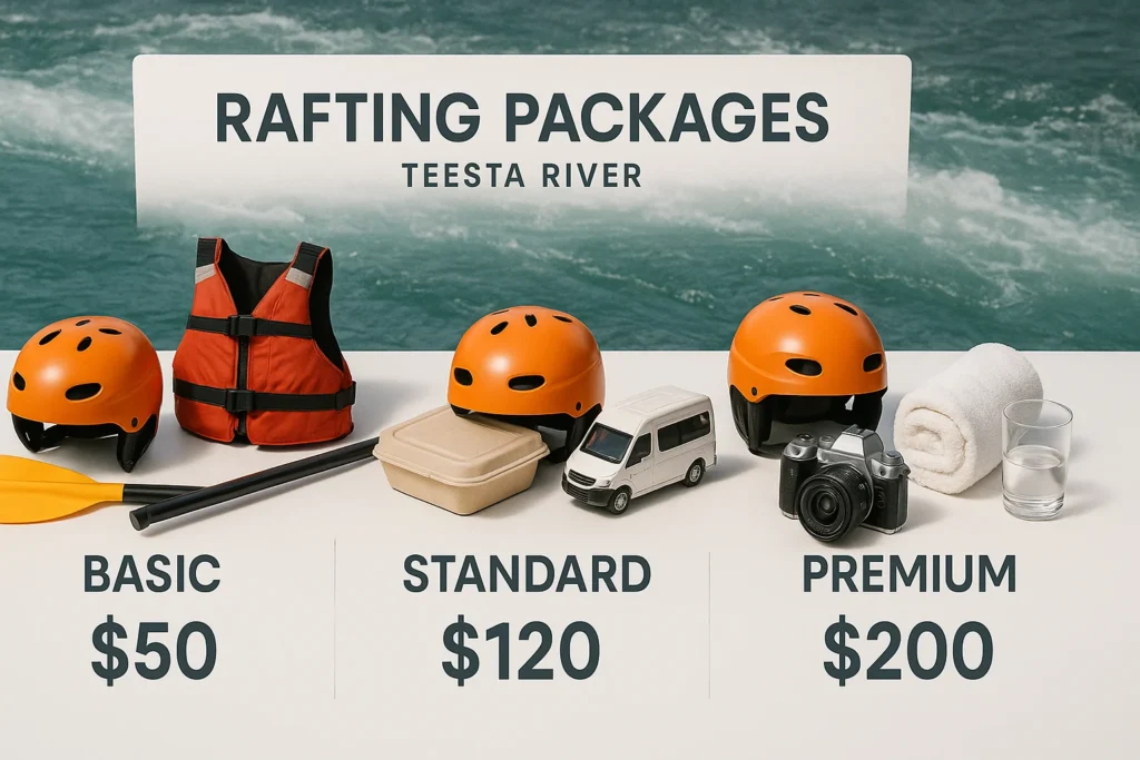 "Teesta rafting cost comparison showing basic, standard and premium package options with pricing"