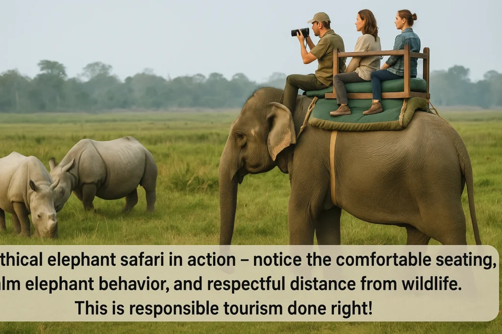 Tourists on an ethical elephant safari observing rhinos from a distance in Gorumara National Park.