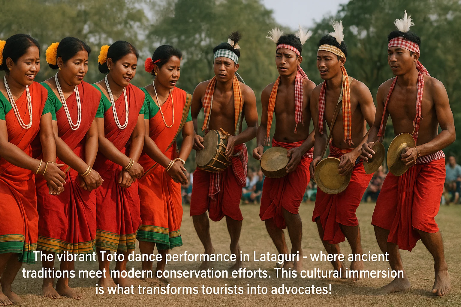 Toto tribal dance performance in Lataguri near Gorumara National Park showcasing traditional attire and instruments.