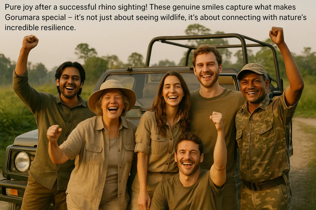 Tourists and guides celebrate a rhino sighting during a safari with joyful expressions.