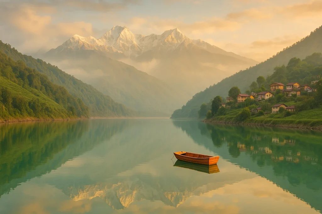 "Peaceful Teesta River reflecting Himalayan mountains during calm weather perfect for rafting"