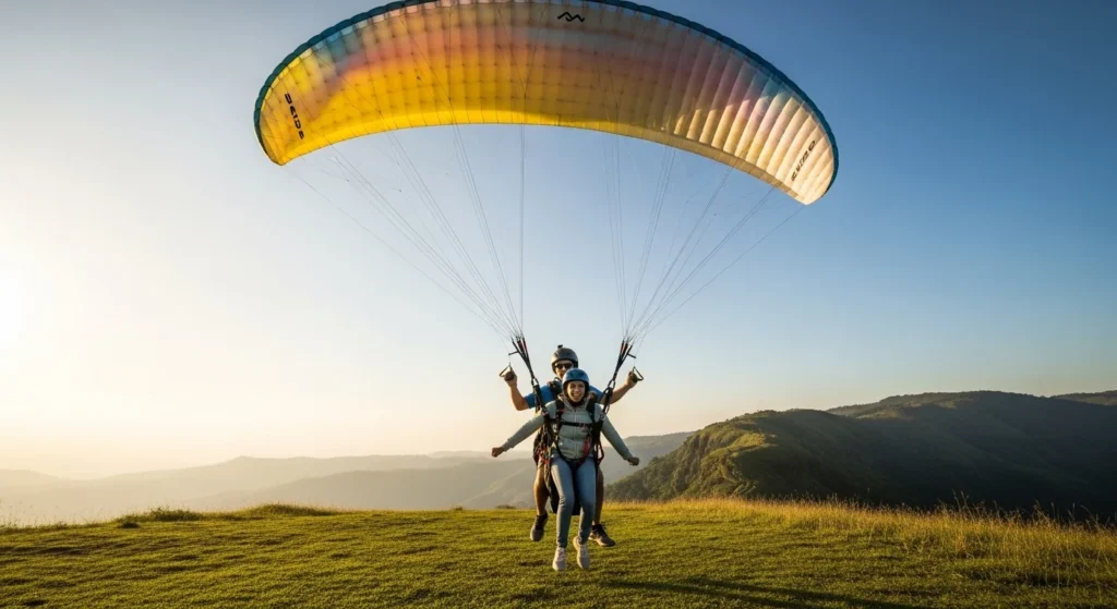 A man and his pilot are taking off for a tandem paragliding flight, capturing the thrill of the launch.