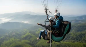 A man and his pilot taking off for a tandem paragliding flight in Vagamon, capturing the thrill of the launch