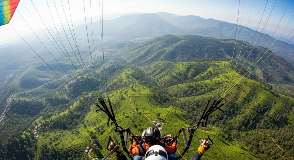 A stunning aerial view from a paraglider's perspective showing the rolling green hills and tea gardens during a paragliding session.